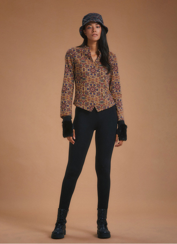 Ethnic Print Mandarin Collar Slim Cut Jacket Shirt