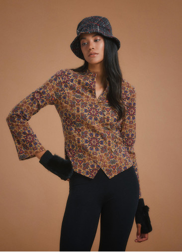 Ethnic Print Mandarin Collar Slim Cut Jacket Shirt