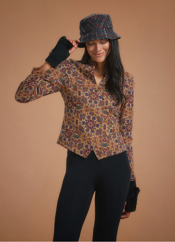 Ethnic Print Mandarin Collar Slim Cut Jacket Shirt