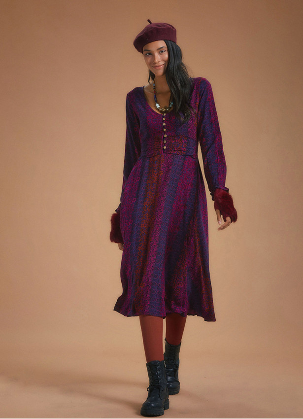 Boho Style Ruffle Sleeve Maroon Patterned Dress