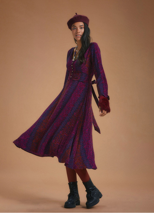 Boho Style Ruffle Sleeve Maroon Patterned Dress