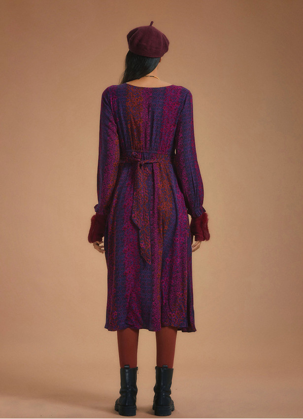 Boho Style Ruffle Sleeve Maroon Patterned Dress