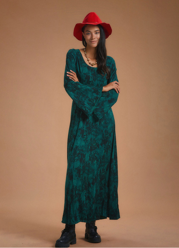 Boat Neck Green Pattern Gypsy Style Long Dress