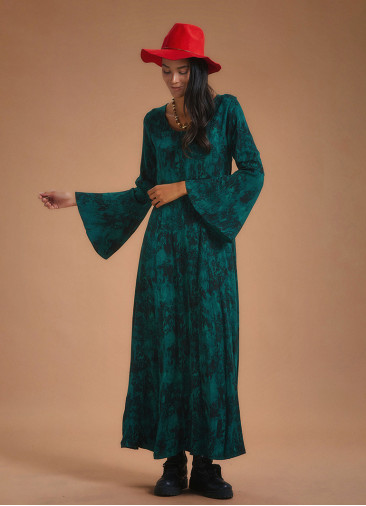 Boat Neck Green Pattern Gypsy Style Long Dress