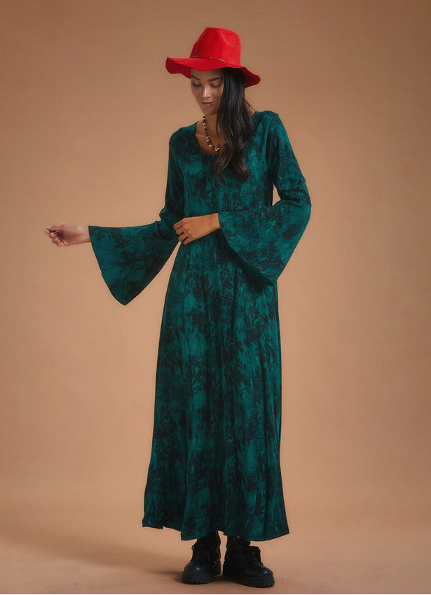Boat Neck Green Pattern Gypsy Style Long Dress
