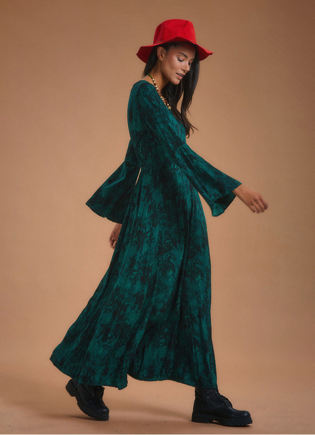 Boat Neck Green Pattern Gypsy Style Long Dress