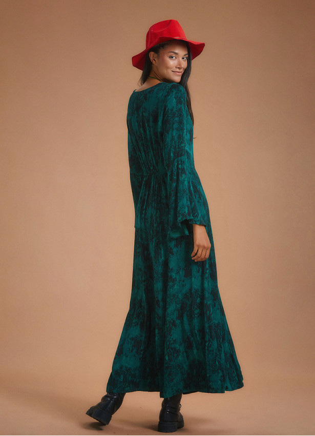 Boat Neck Green Pattern Gypsy Style Long Dress