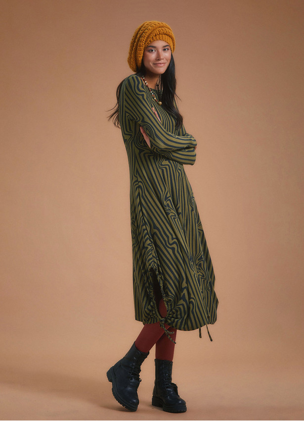 Boat Neck Thumb Hole Side Strings Khaki Pattern Dress