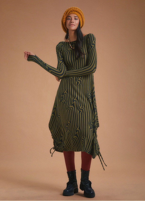 Boat Neck Thumb Hole Side Strings Khaki Pattern Dress