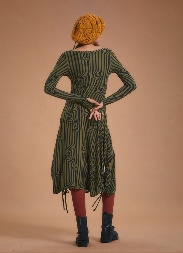 Boat Neck Thumb Hole Side Strings Khaki Pattern Dress