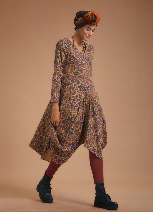 Authentic Print Asymmetrical Hem Long Sleeve Dress