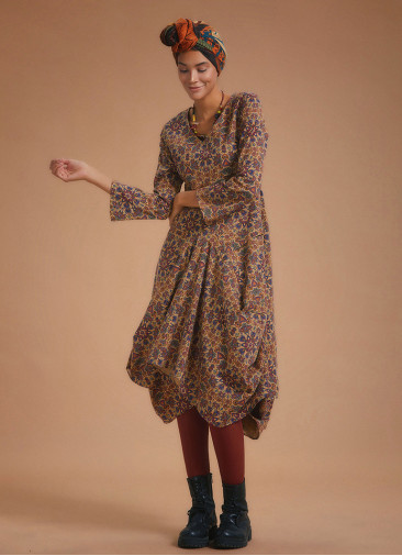 Authentic Print Asymmetrical Hem Long Sleeve Dress