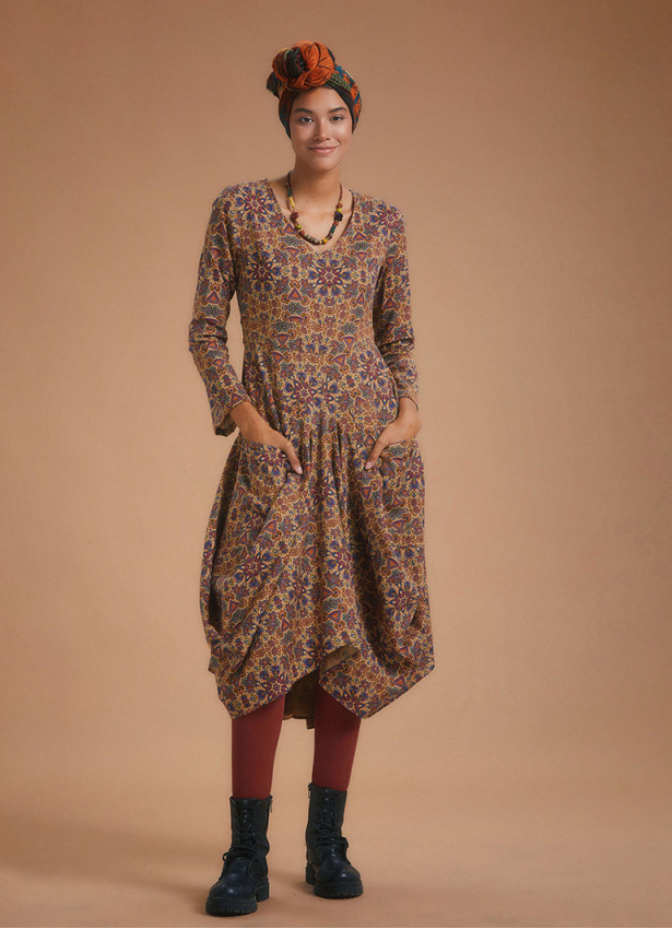 Authentic Print Asymmetrical Hem Long Sleeve Dress