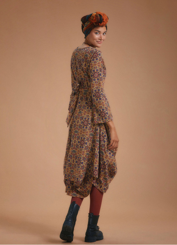Authentic Print Asymmetrical Hem Long Sleeve Dress