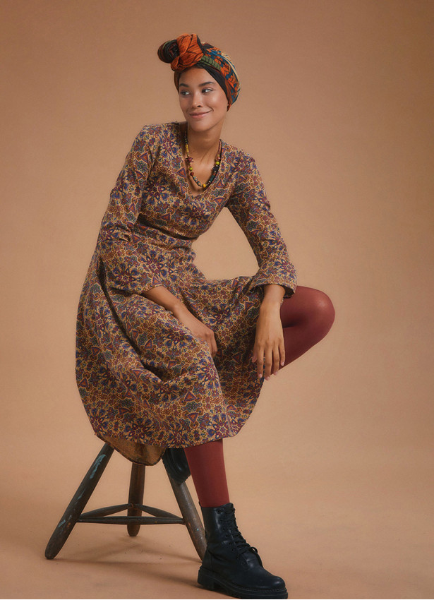 Authentic Print Asymmetrical Hem Long Sleeve Dress
