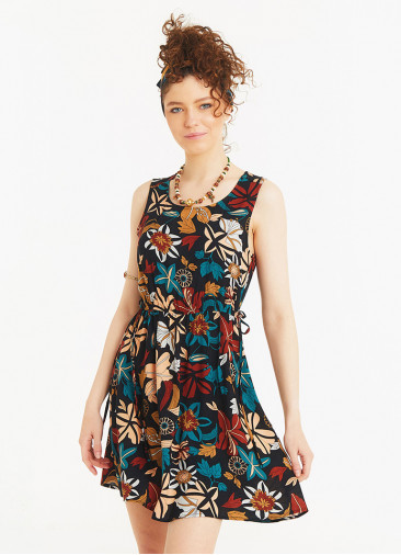 Flower Print Crew Neck Sleeveless Tie Waist Dress