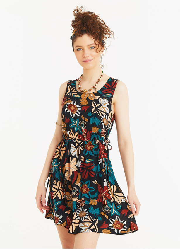 Flower Print Crew Neck Sleeveless Tie Waist Dress