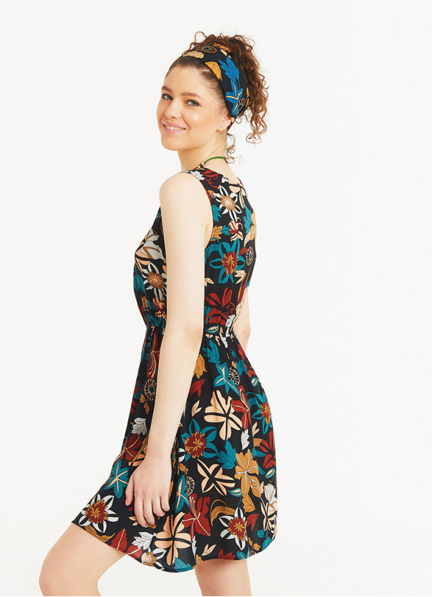 Flower Print Crew Neck Sleeveless Tie Waist Dress