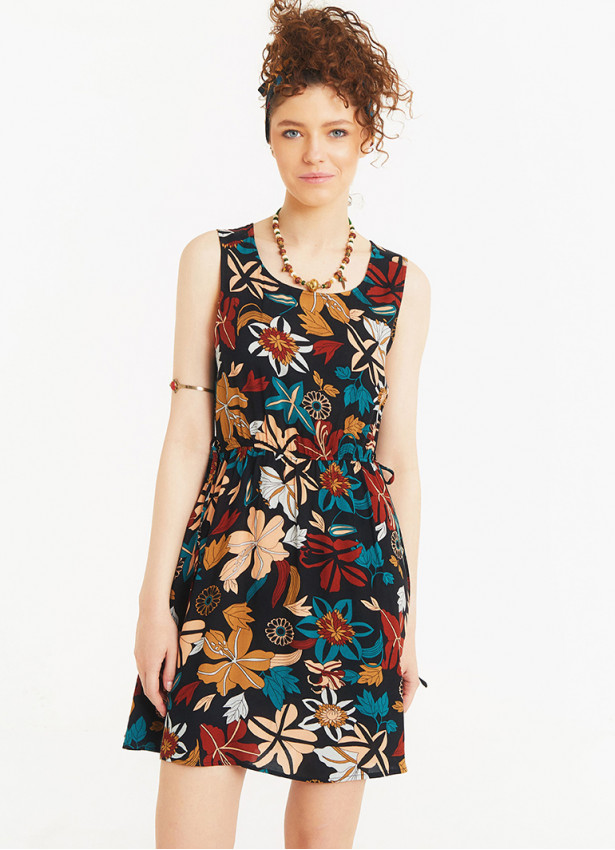 Flower Print Crew Neck Sleeveless Tie Waist Dress