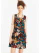 Flower Print Crew Neck Sleeveless Tie Waist Dress