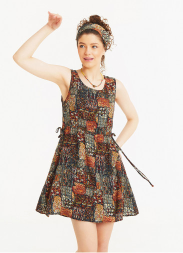 Khaki Print Crew Neck Sleeveless Tie Waist Dress