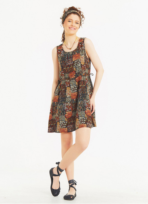 Khaki Print Crew Neck Sleeveless Tie Waist Dress