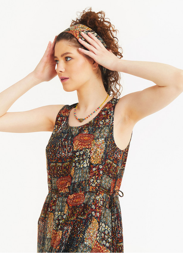 Khaki Print Crew Neck Sleeveless Tie Waist Dress