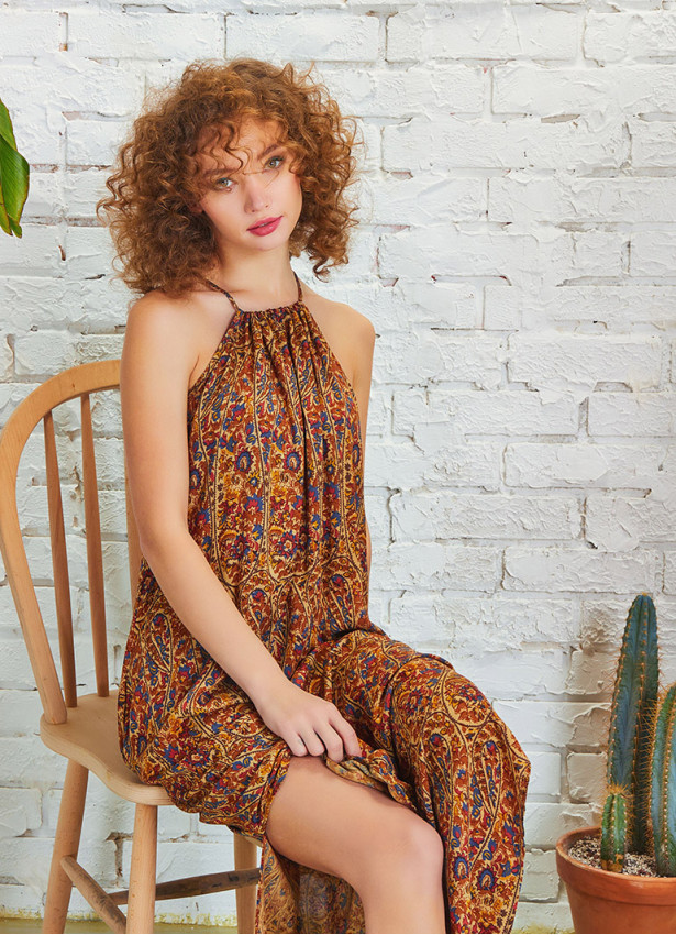 Back Cut Out Halter Necline Maxi Slit Dress