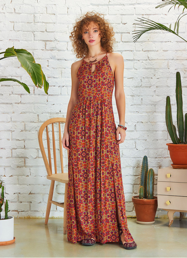 Double Front Slit Detail Halter Neck Maxi Dress