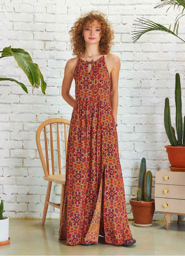 Double Front Slit Detail Halter Neck Maxi Dress