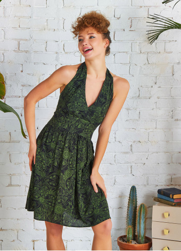 Patterned Tie Neck Gathered Waist Bohemian Skater Dress
