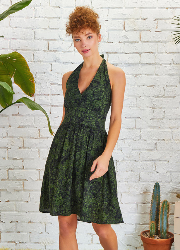 Patterned Tie Neck Gathered Waist Bohemian Skater Dress