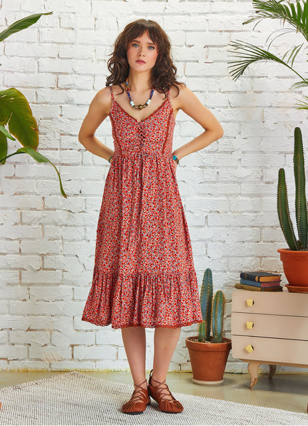 Criss Cross Front Detail Strappy Pink Floral Laced Dress