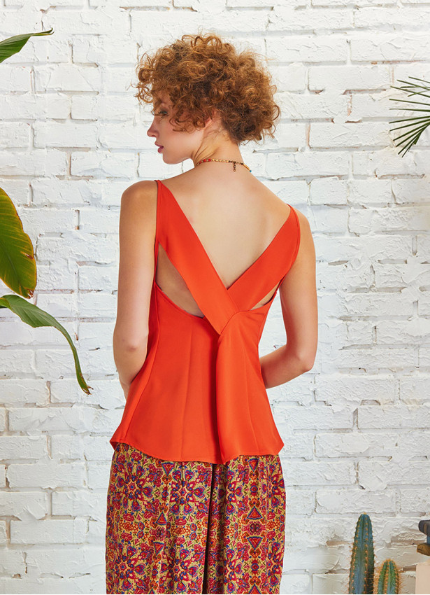 Sleeveless Cowl Neck Back Cut Out Boho Tile Top