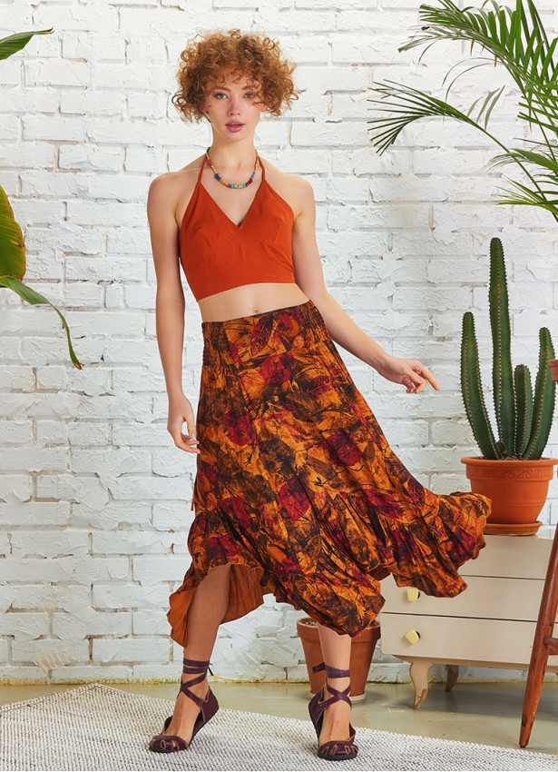 Shirred Waist Gypsy Style Ruffled Midi Skirt