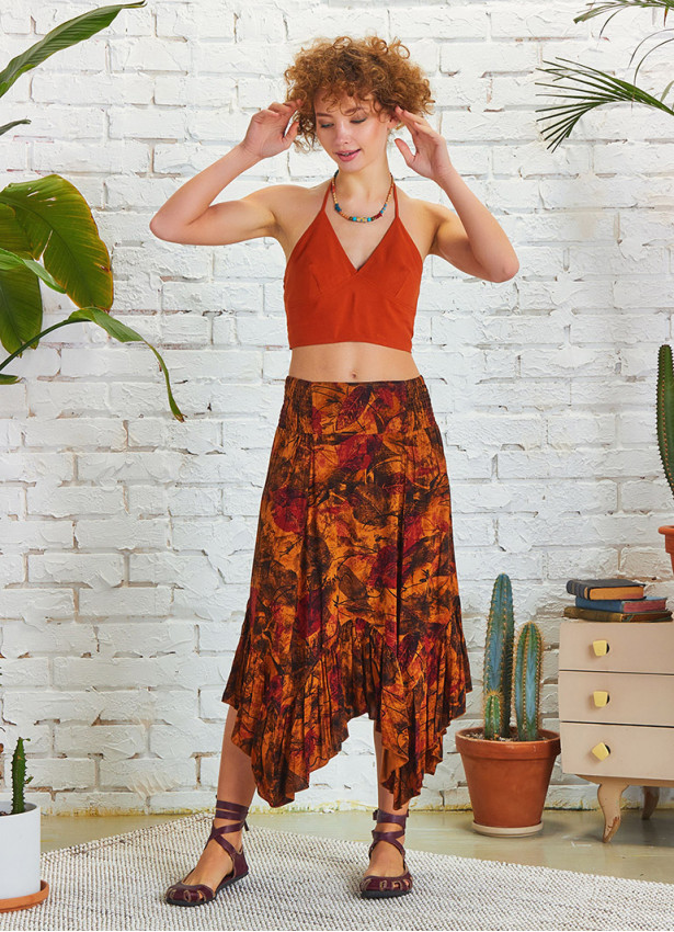 Shirred Waist Gypsy Style Ruffled Midi Skirt