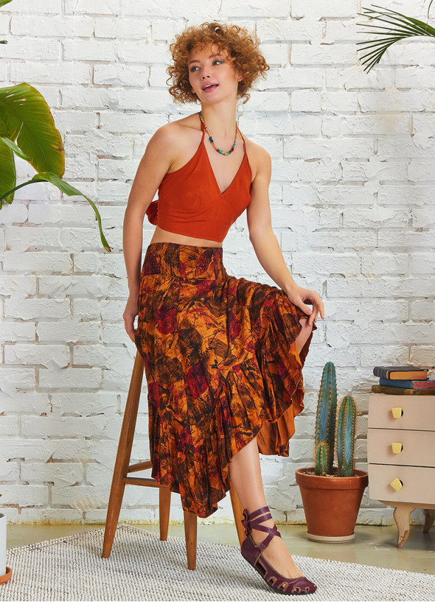 Shirred Waist Gypsy Style Ruffled Midi Skirt