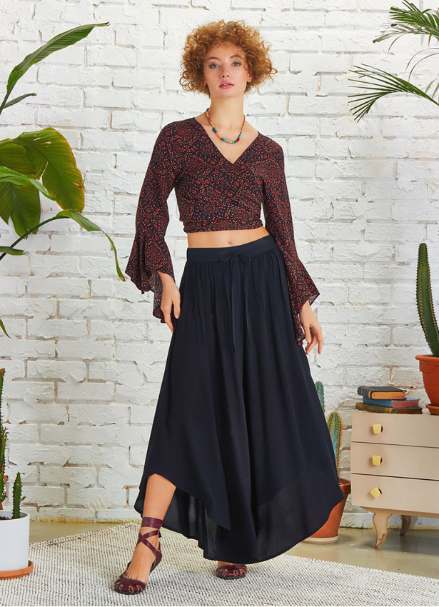 Boho Style Draw String Black Wide Leg Loose Pants