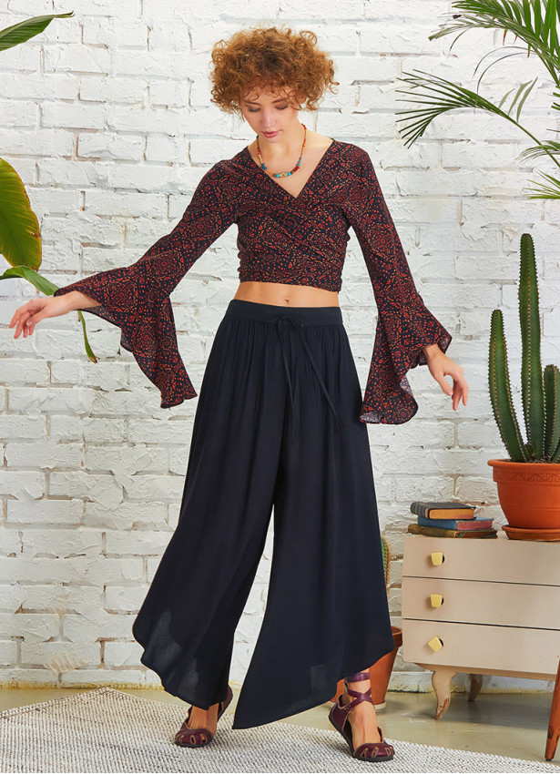Boho Style Draw String Black Wide Leg Loose Pants