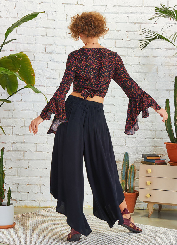 Boho Style Draw String Black Wide Leg Loose Pants