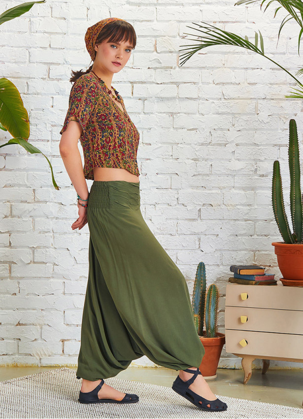 Draped Front Detail Elastic Waist Khaki Salwar Pants