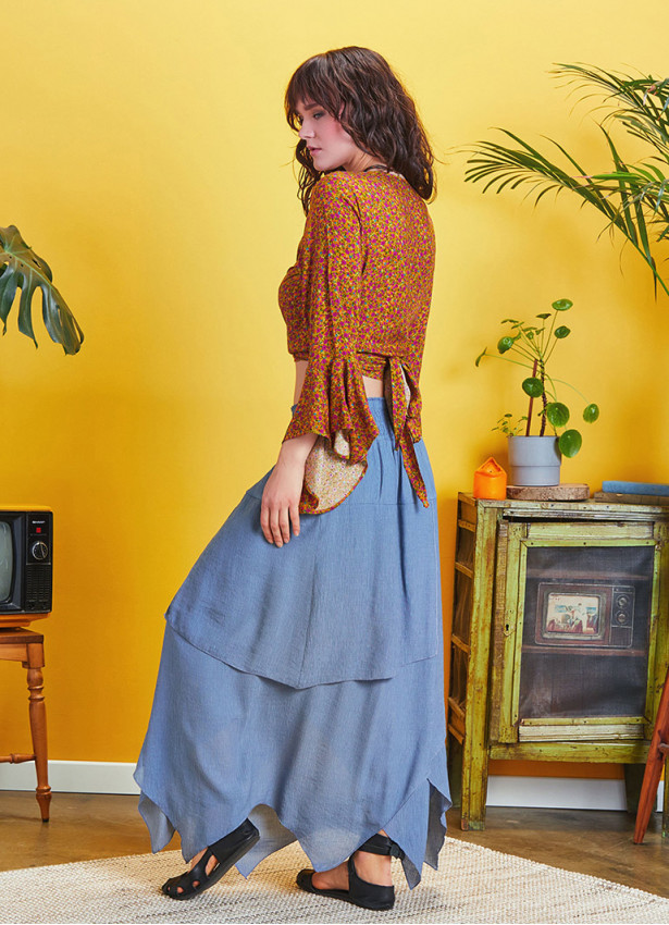Smocked Waist Layered Blue Maxi Boho Skirt