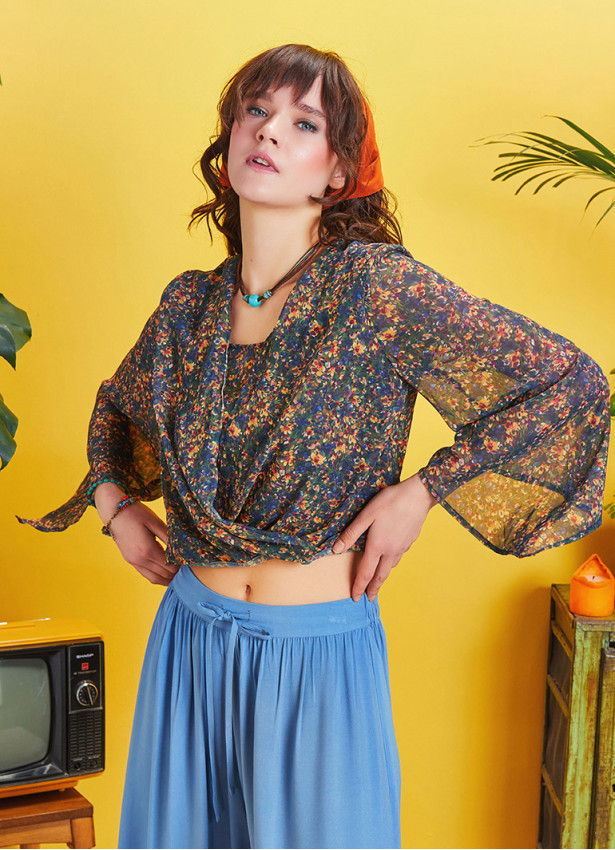 Wrap Front Chiffon Blue Floral Bell Sleeve Top