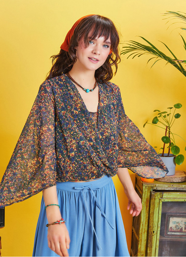 Wrap Front Chiffon Blue Floral Bell Sleeve Top