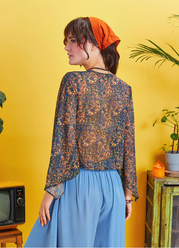 Wrap Front Chiffon Blue Floral Bell Sleeve Top