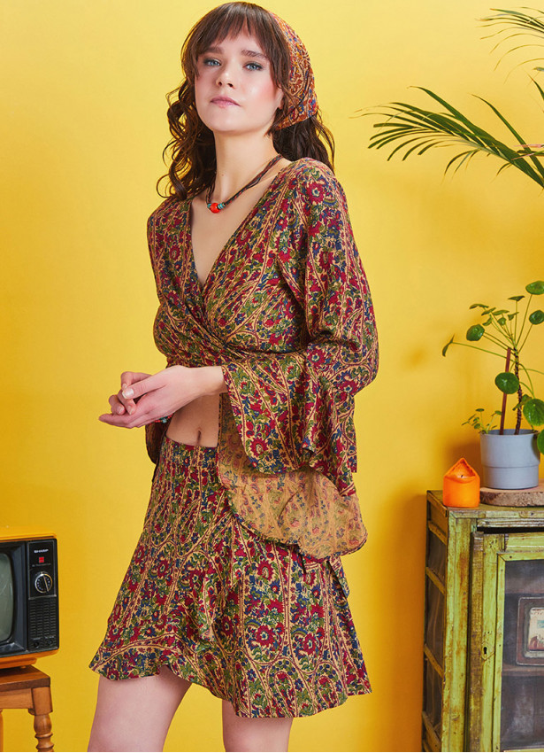 Boho Chic Flared Wrap Maroon Print Mini Skirt