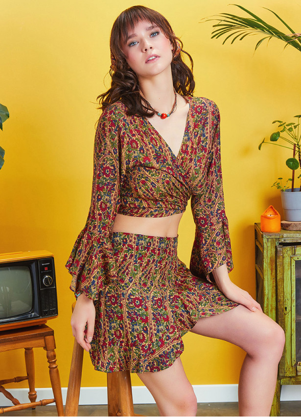 Boho Chic Flared Wrap Maroon Print Mini Skirt