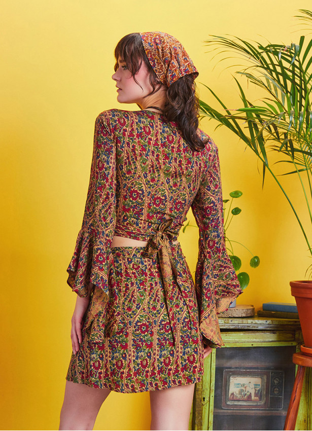 Boho Chic Flared Wrap Maroon Print Mini Skirt
