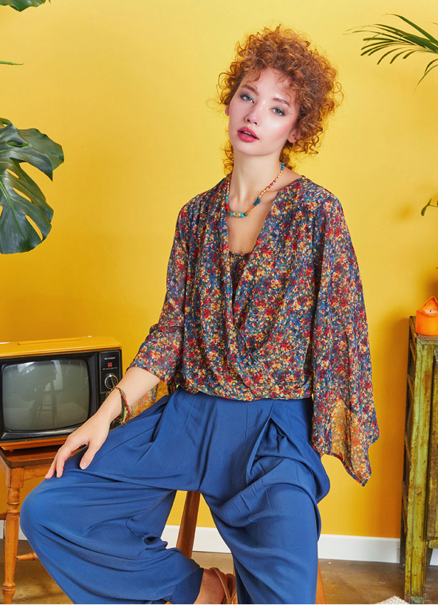 Wrap Front Chiffon Red Floral Bell Sleeve Top