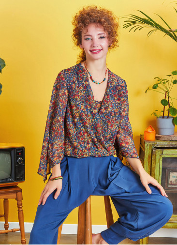 Wrap Front Chiffon Red Floral Bell Sleeve Top